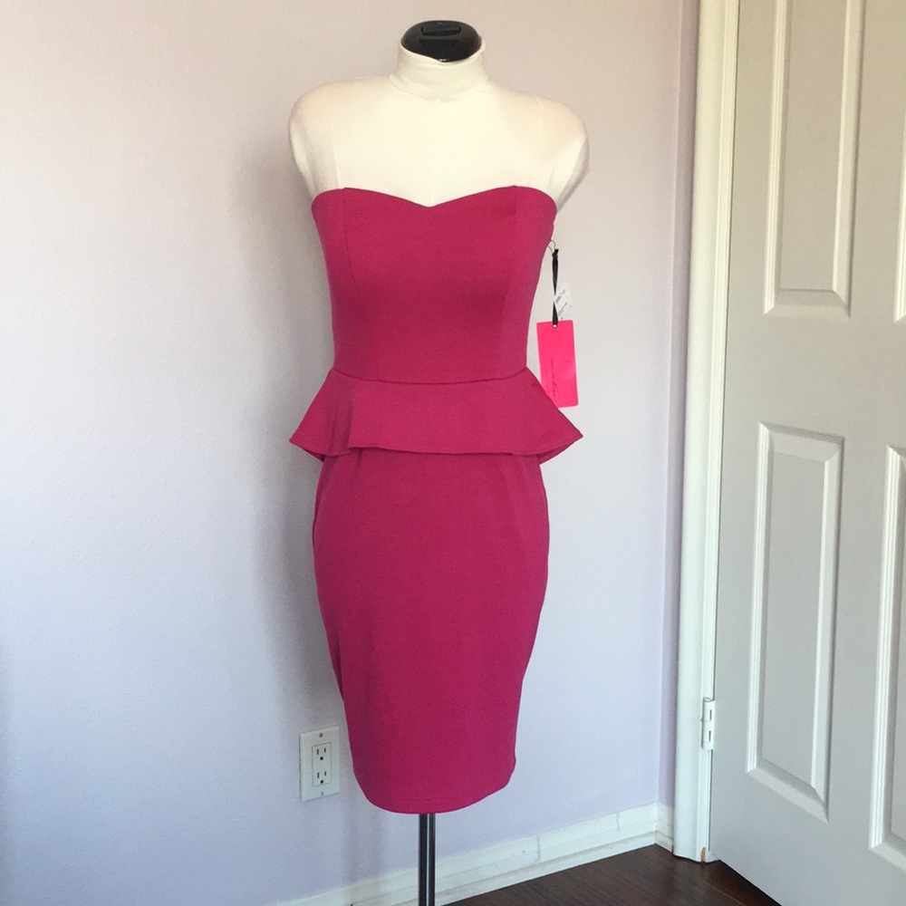 New - Pink Strapless Peplum Stretch Dress